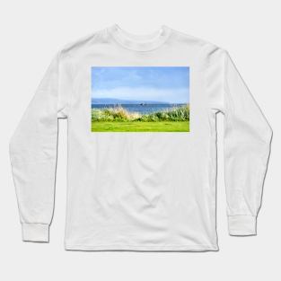 Fishing boat moving along the coast at Peninver, Scotland Long Sleeve T-Shirt